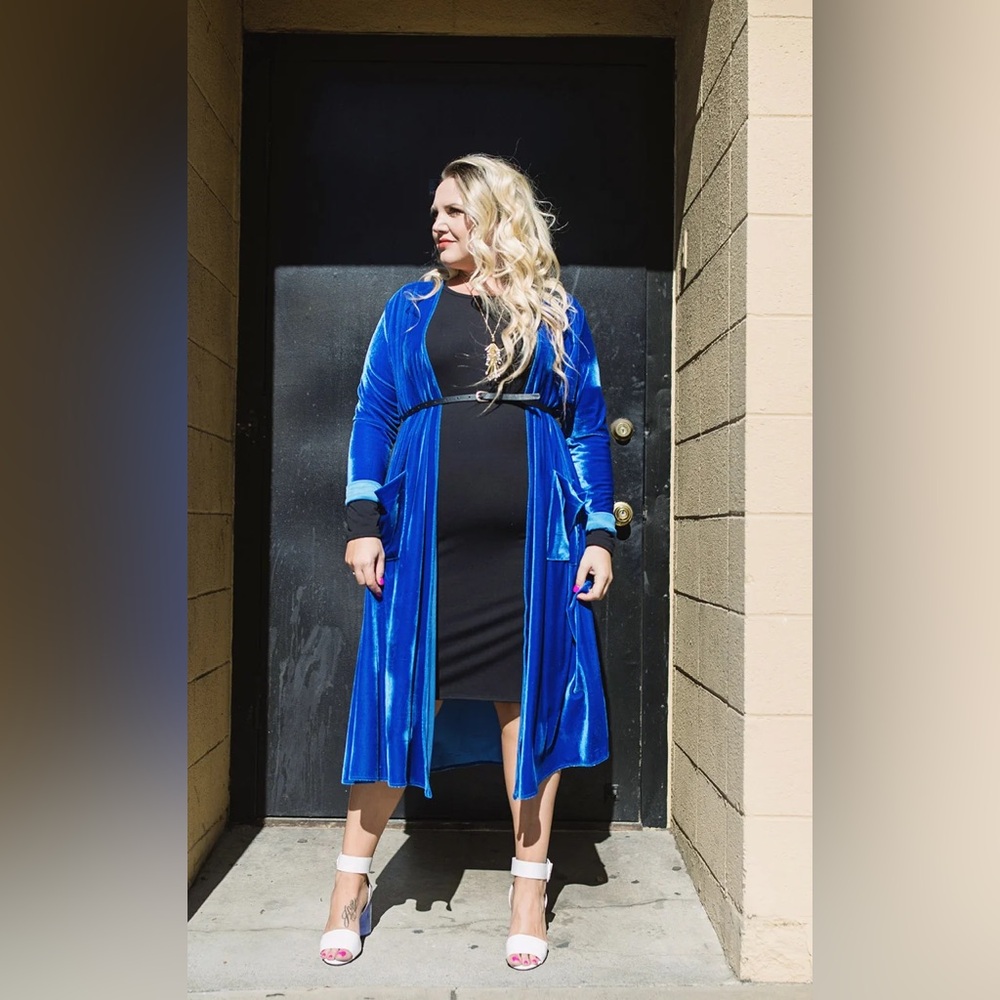 LuLaRoe Sarah Blue Velvet Duster Cardigan size Large